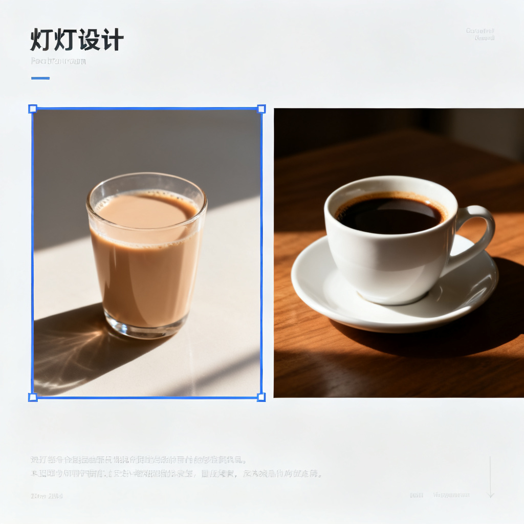 幻灯片局部重绘的对比效果图，左侧框选区域是一杯奶茶，右侧替换为一杯咖啡，两者在光影、阴影和色彩上完美融合，页面其他元素保持不变
