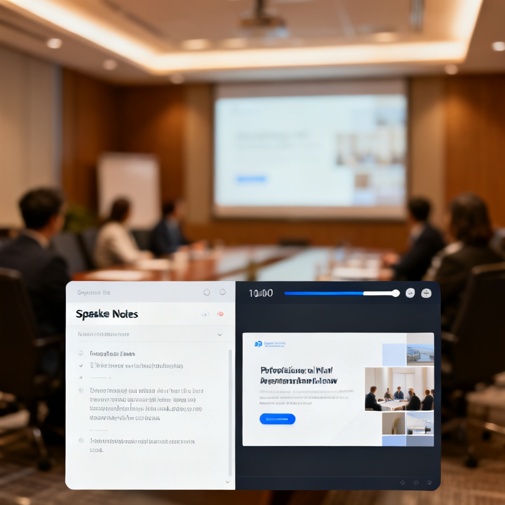 Presenter view with speaker notes on left, slide preview on right, timer and progress bar, professional meeting room background blurred, warm lighting