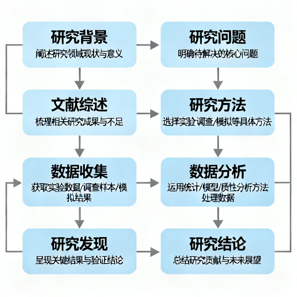 A detailed flowchart showing the academic logic chain from research background to conclusion, with each step labeled in Chinese, clean and professional style
