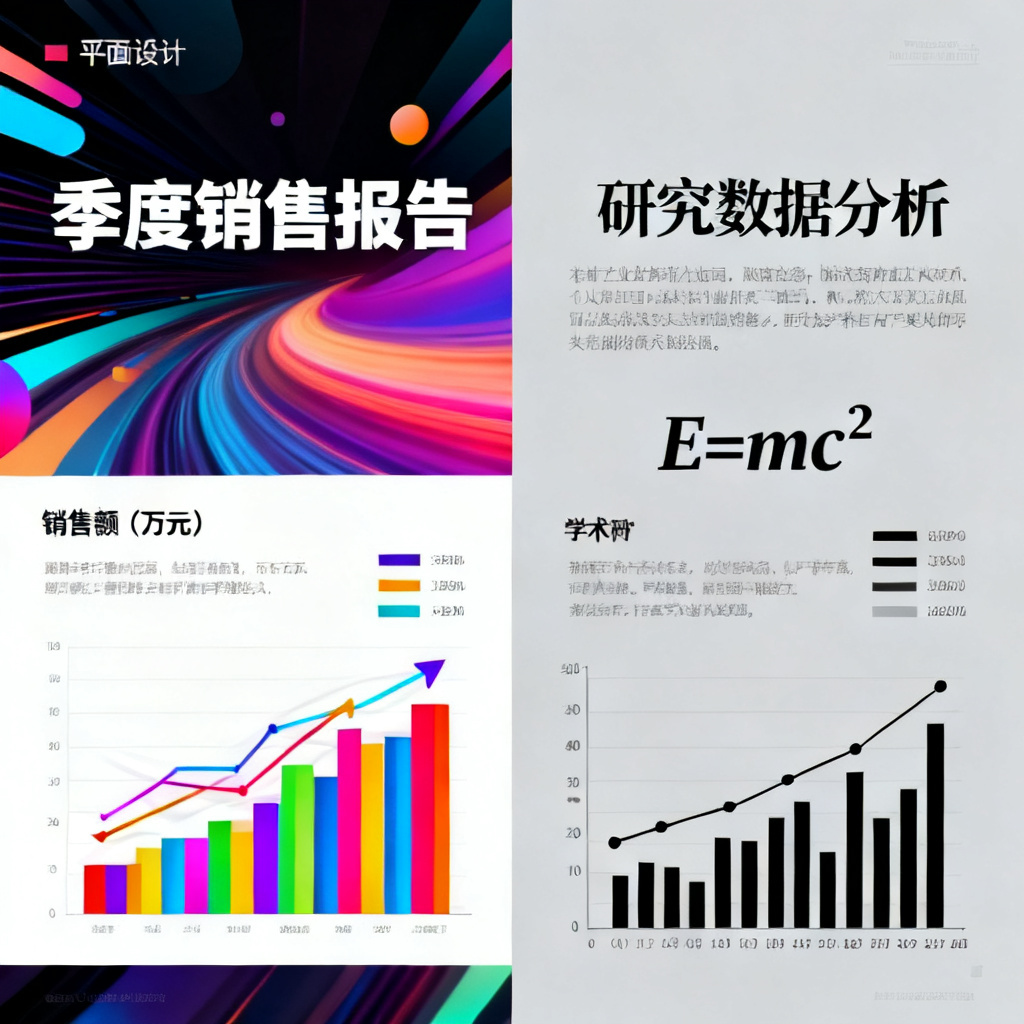 对比两个PPT幻灯片：左侧是花哨的商业风格，右侧是严谨的学术风格，数据图表清晰，公式排版规范