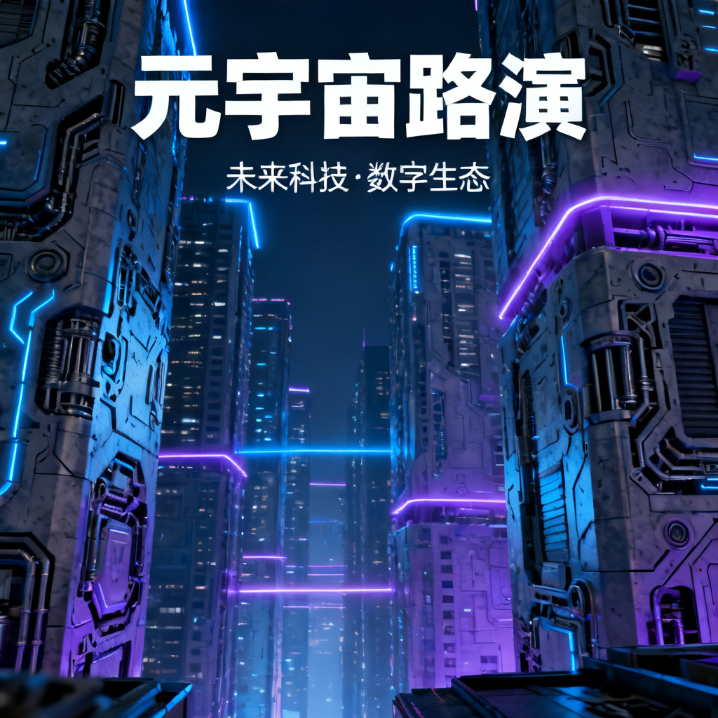 赛博朋克风格元宇宙路演PPT封面,霓虹灯光与机械质感,高楼林立,蓝色紫色色调