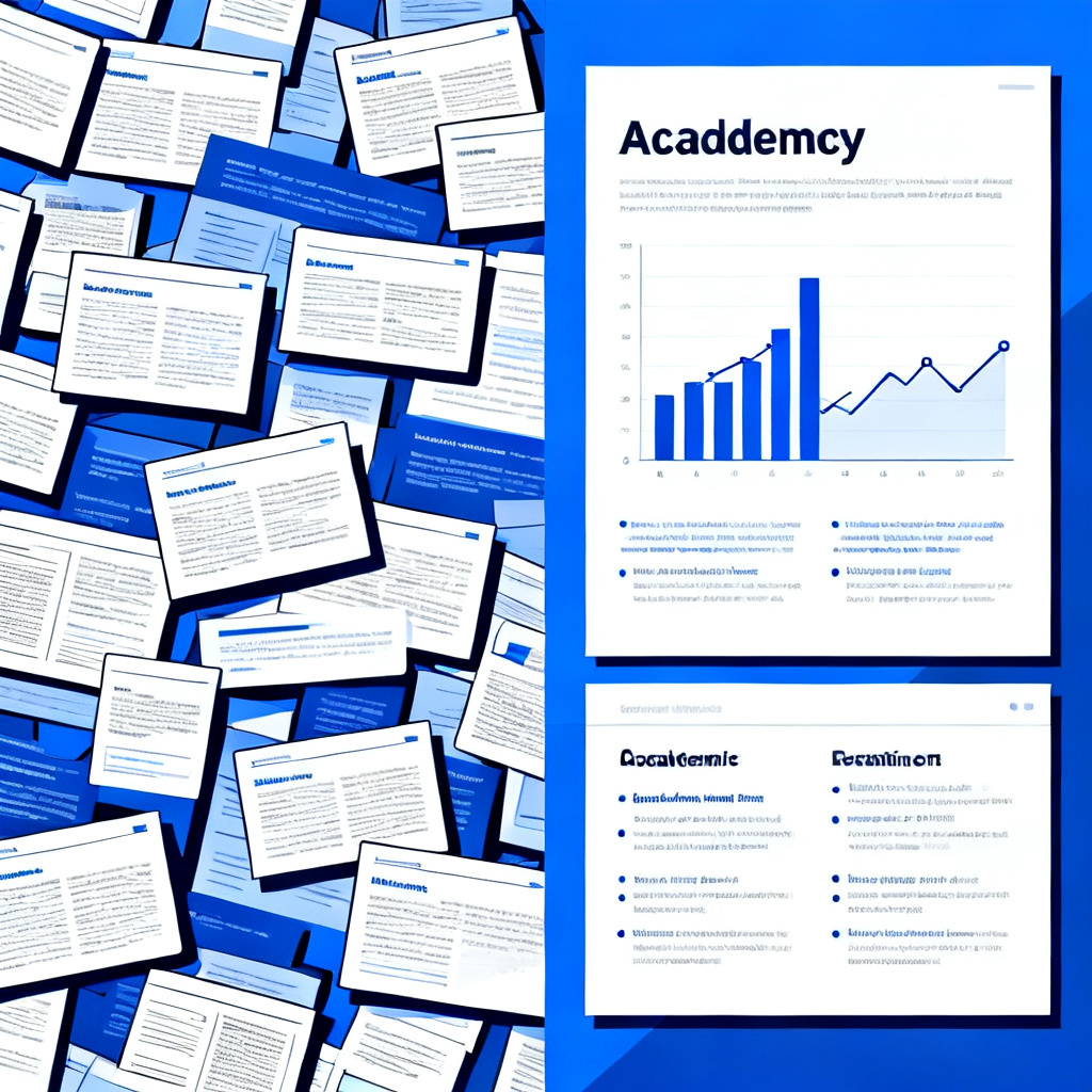 A split-screen comparison: left side shows a messy, text-heavy slide; right side shows a clean, well-structured academic slide with charts and bullet points, digital art style