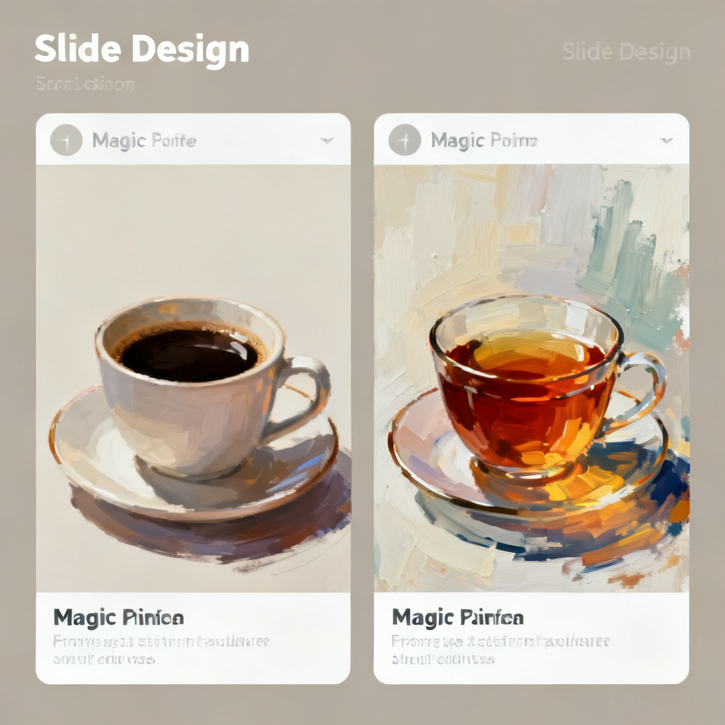 A slide with a cup of coffee replaced by a cup of tea using Magic Paint mode, maintaining original lighting and style, before and after comparison