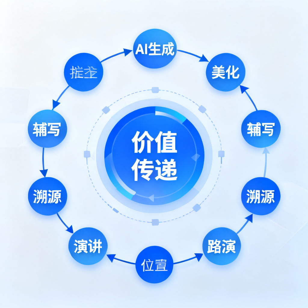 一张信息图，展示ChatPPT的8大核心模块（AI生成、美化、辅写、溯源、演讲、路演等），以链条形式连接，中心是“价值传递”。