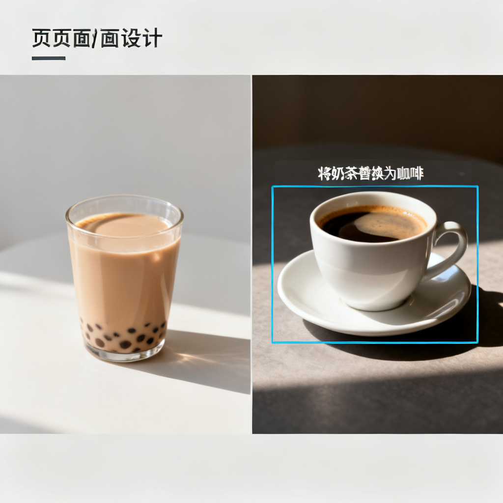 一张展示Magic涂画功能的对比图：左侧是原始页面，右侧是框选区域后输入“将奶茶替换为咖啡”指令后的效果，替换后的咖啡杯完美融合原有光影