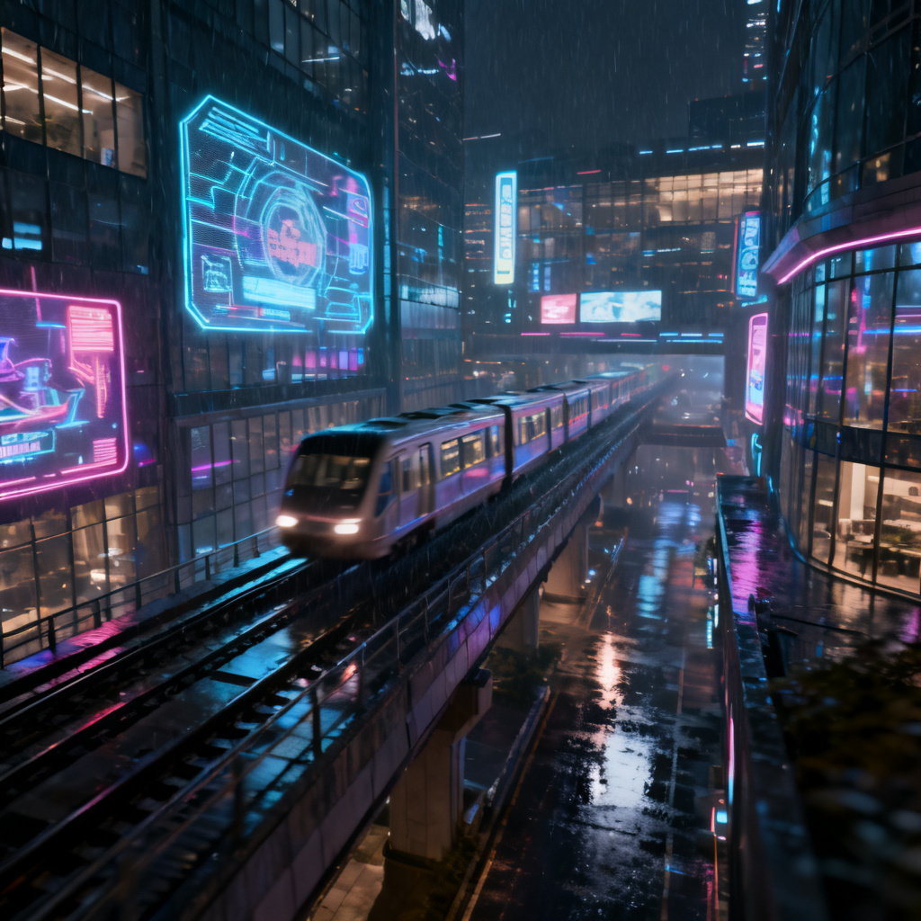 赛博朋克风格的城市夜景,霓虹灯与全息广告牌交织,3D渲染,高对比度,电影级光影
