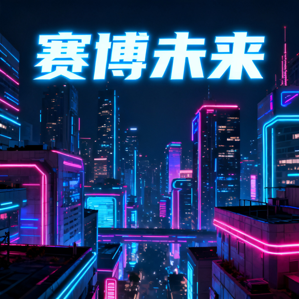 一个赛博朋克风格的城市夜景,霓虹灯闪烁,未来感建筑,高对比度色彩,数字艺术,演示文稿封面