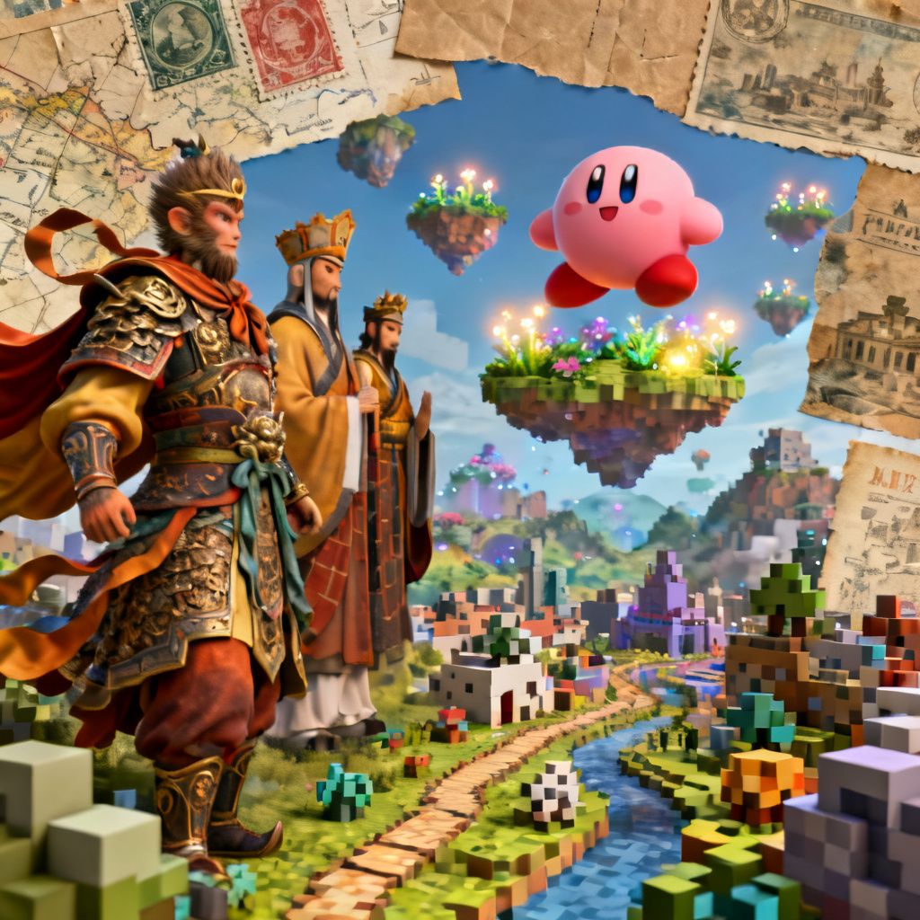 A collage of diverse art styles: 3D Journey to the West characters, Kirby in a fantasy landscape, Minecraft pixel art city, kraft paper collage with vintage elements, all rendered in high detail