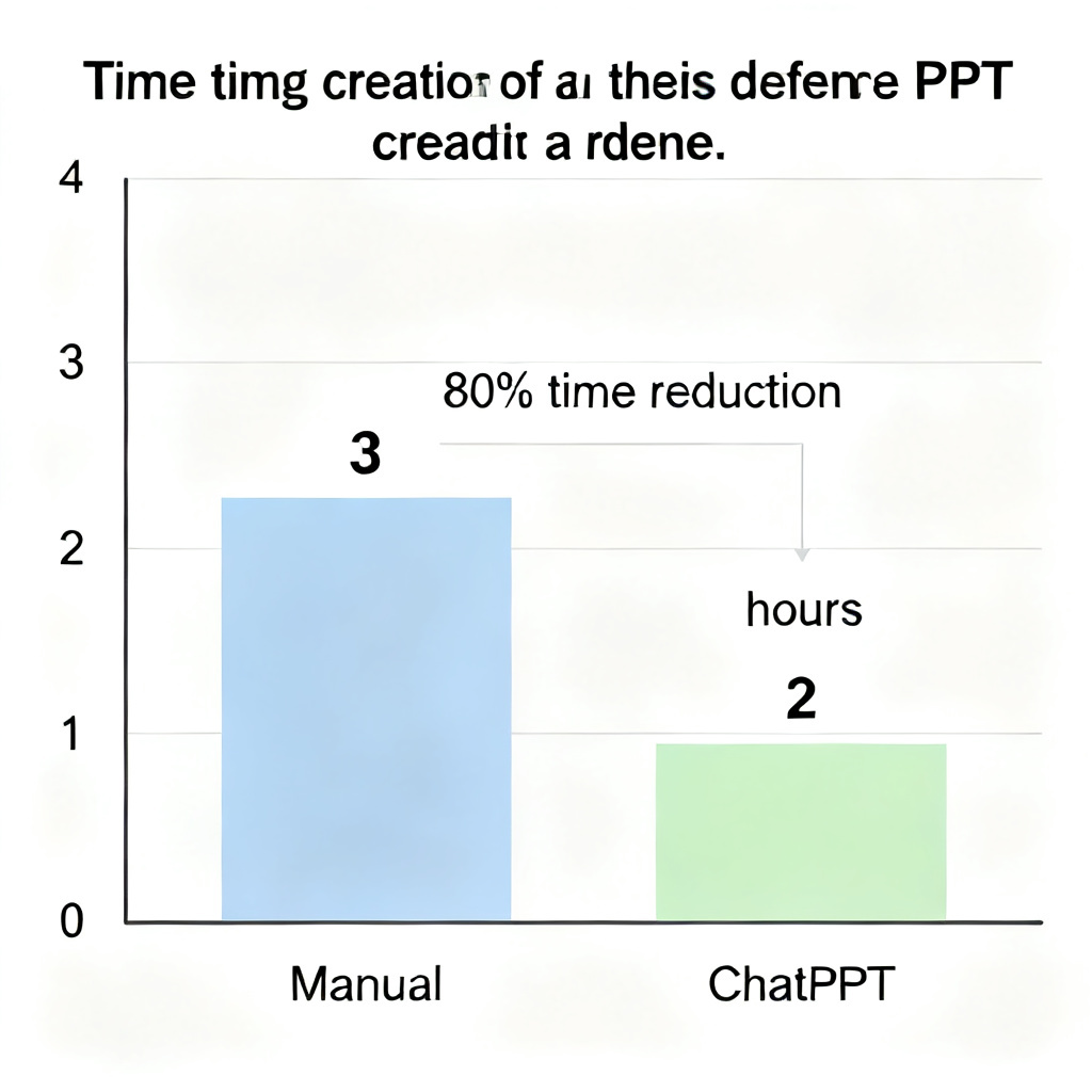 A bar chart comparing time spent on creating a thesis defense PPT: manual (3 days) vs. using ChatPPT (2 hours), with a caption '80% time reduction', minimalist design