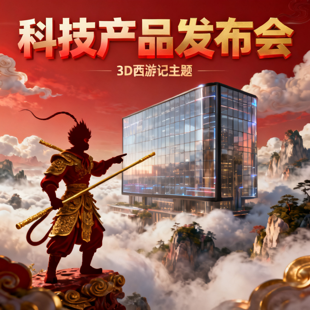 3D西游记风格的科技产品发布会PPT封面，云雾缭绕的仙境中矗立着未来感玻璃幕墙建筑，孙悟空剪影手持金箍棒指向屏幕，高饱和度红金配色，精细雕刻纹理，光影层次丰富