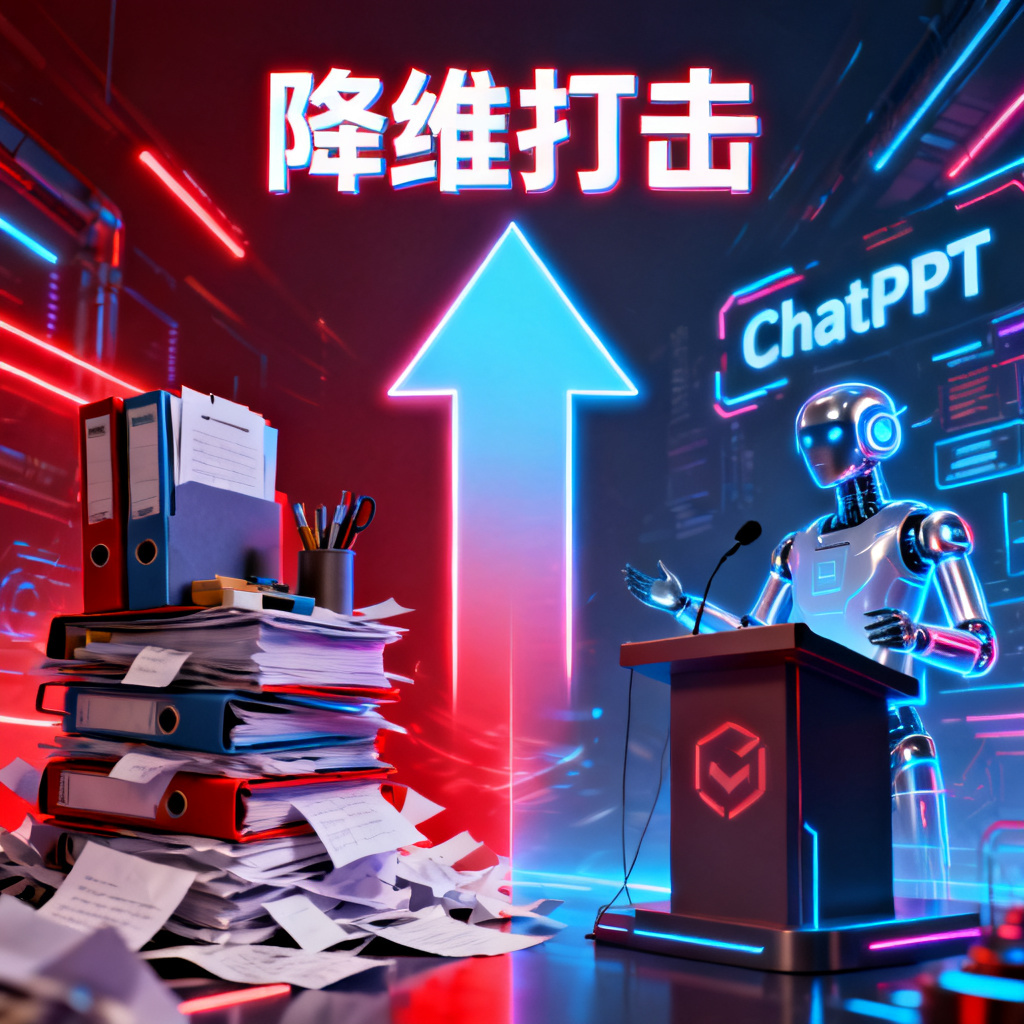左右对比图，左边是传统PPT工具堆叠的文件夹和乱纸，右边是ChatPPT的智能数字分身正在演讲，中间有一个巨大的箭头从左边指向右边，顶端文字“降维打击”，赛博朋克风格