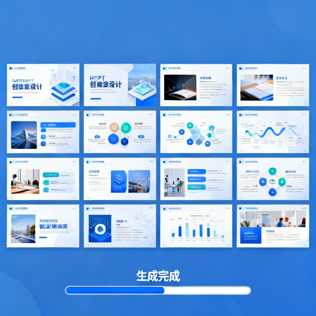 批量生成的创意PPT缩略图阵列,12张幻灯片风格统一但内容各异,显示“生成完成”进度条