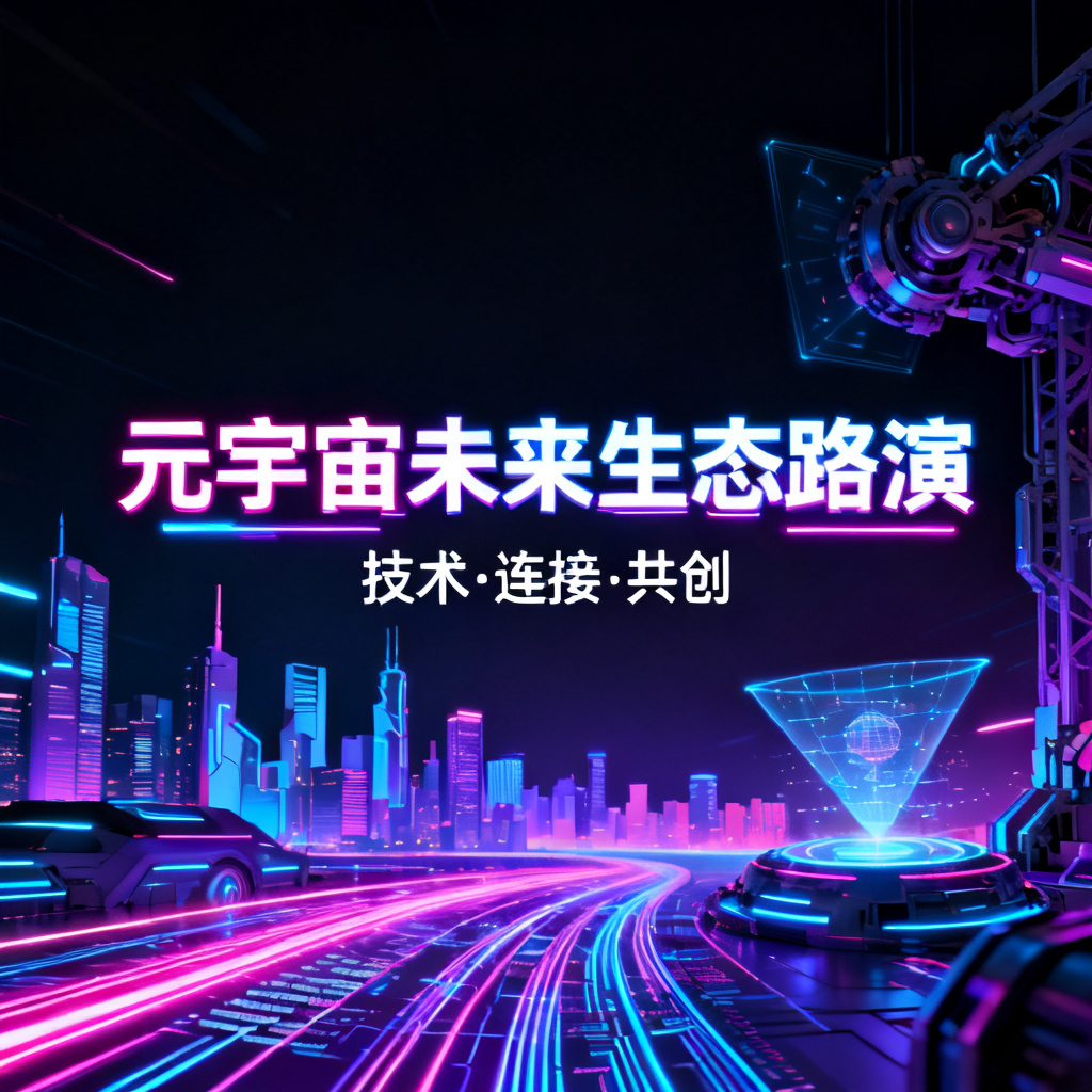 赛博朋克风格，元宇宙主题路演PPT，霓虹灯光，高对比度，暗色调背景，科技感元素，带有城市天际线和数据流线，4K分辨率，超现实风格