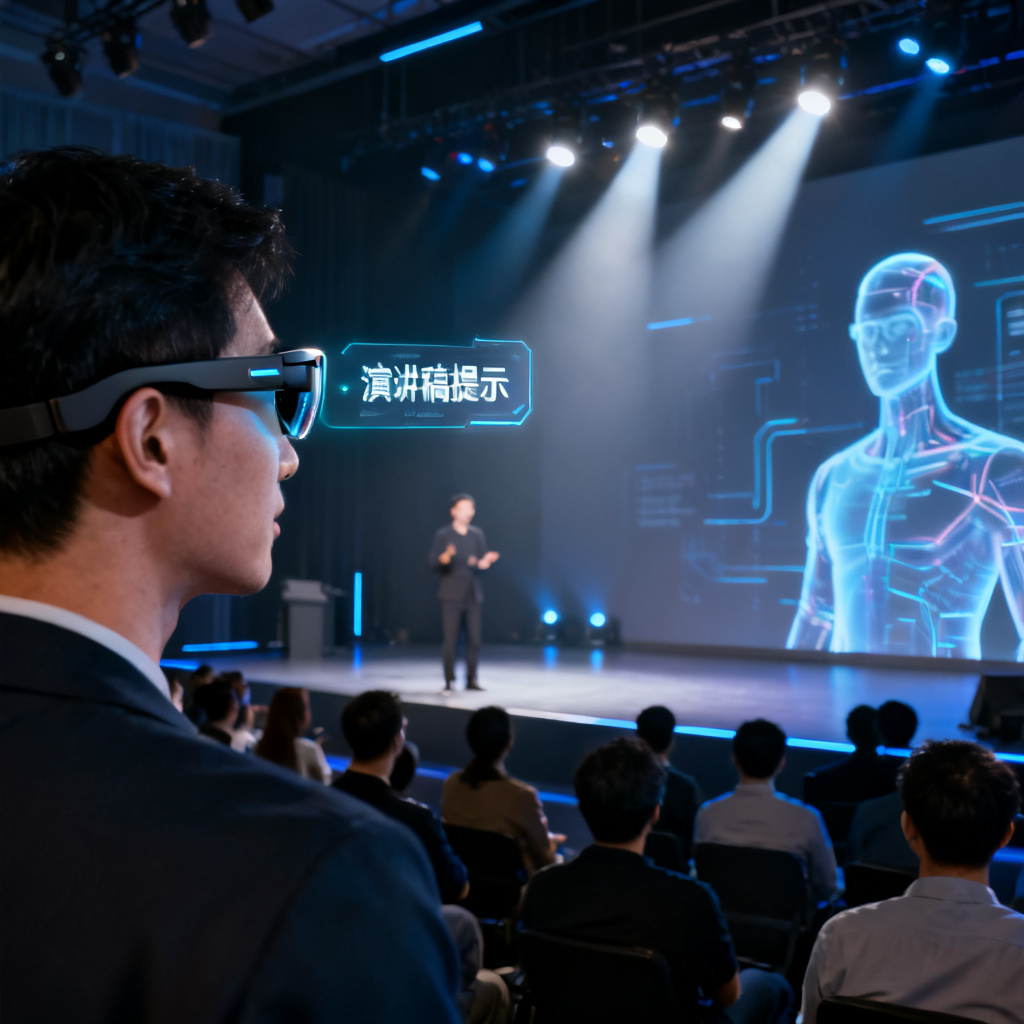 一位演讲者佩戴智能眼镜，眼镜镜片上显示演讲稿提示，台下观众专注聆听，场景为路演舞台，灯光聚焦，科技感十足，数字人投影在背景上