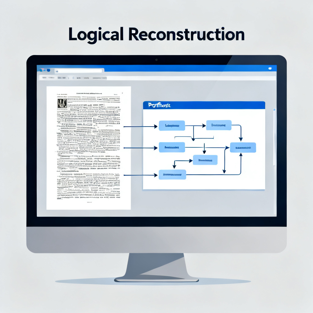 A computer screen showing a complex academic paper being transformed into a clean, structured PowerPoint slide with logical flow arrows, representing 'logical reconstruction'.