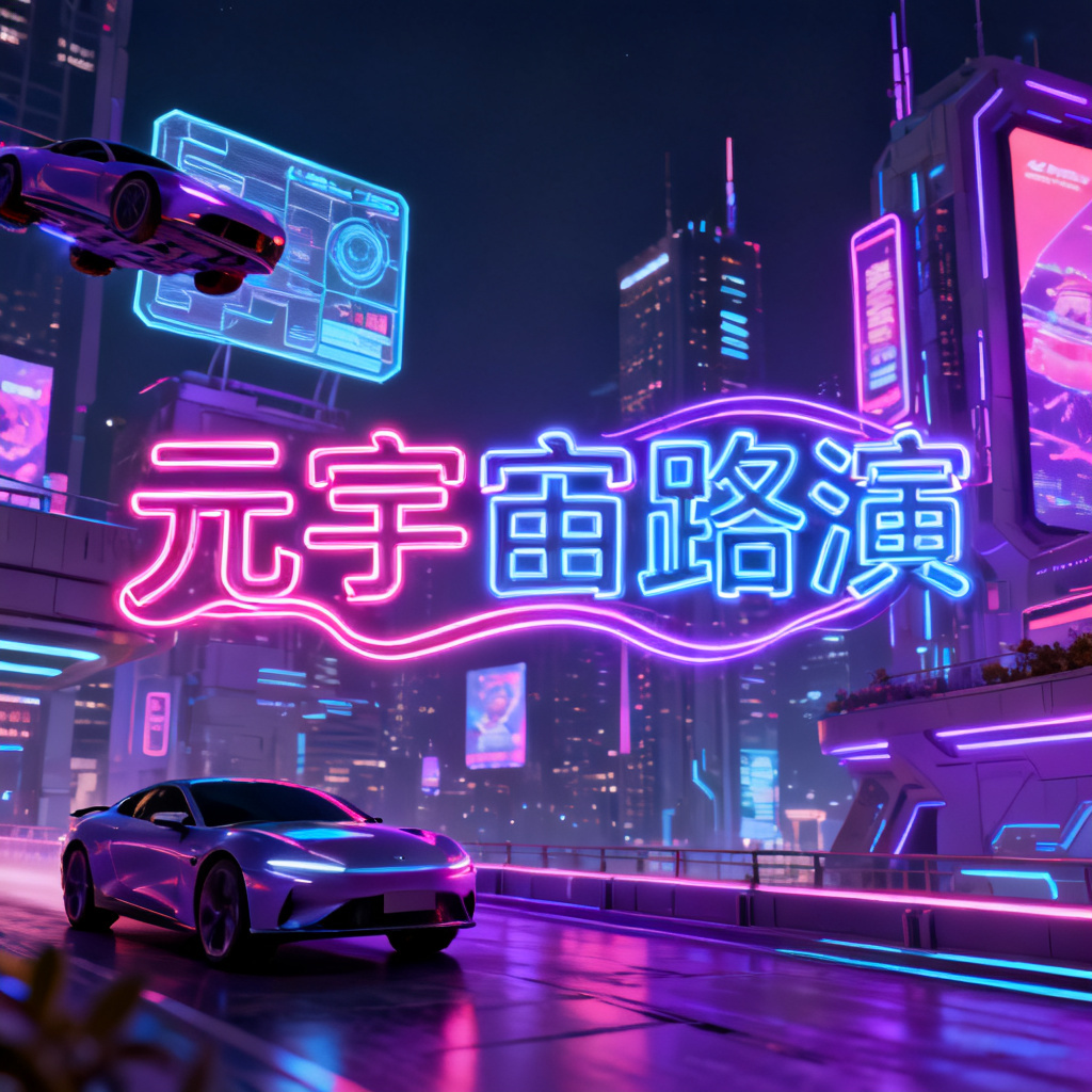 3D赛博朋克风格元宇宙路演PPT封面,霓虹灯管文字,城市夜景背景,高对比度色彩,细节丰富