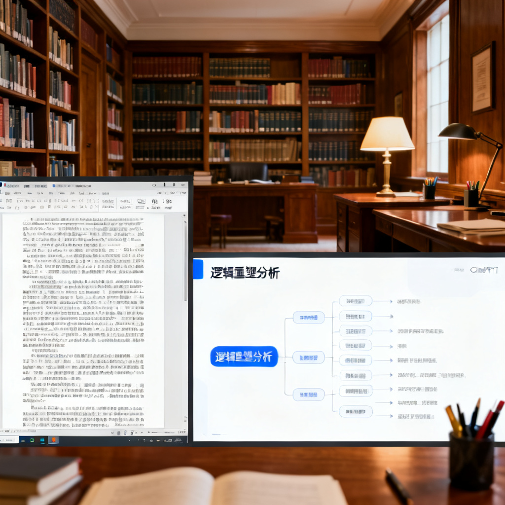 一张电脑屏幕的分屏对比图，左侧是密密麻麻的论文Word文档，右侧是ChatPPT生成的逻辑框架清晰的幻灯片大纲，标题栏显示“逻辑重塑分析”。背景是整洁的学术书房。