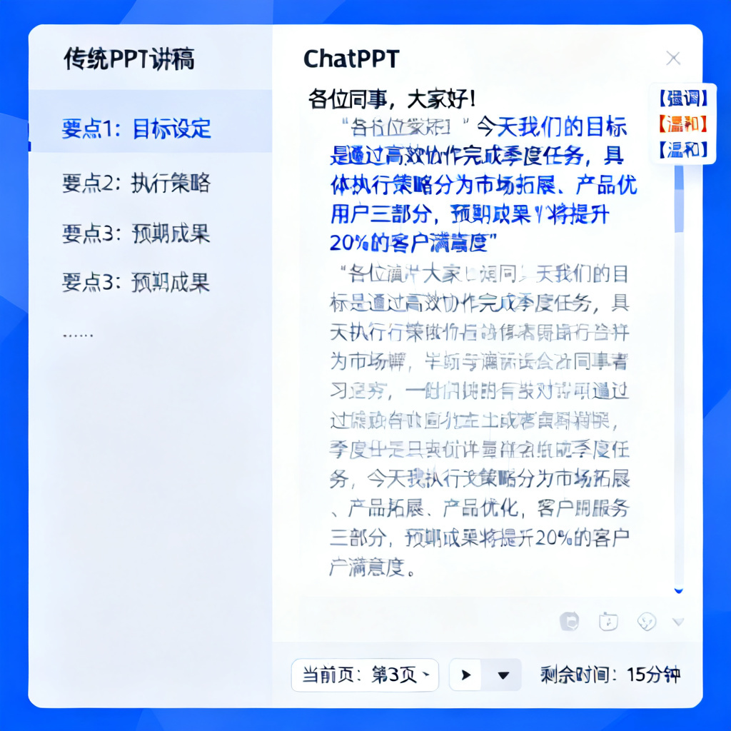 一张对比图，左侧为传统PPT讲稿的干瘪要点，右侧为ChatPPT生成的完整演讲稿，带有语气标签和演讲者视图界面
