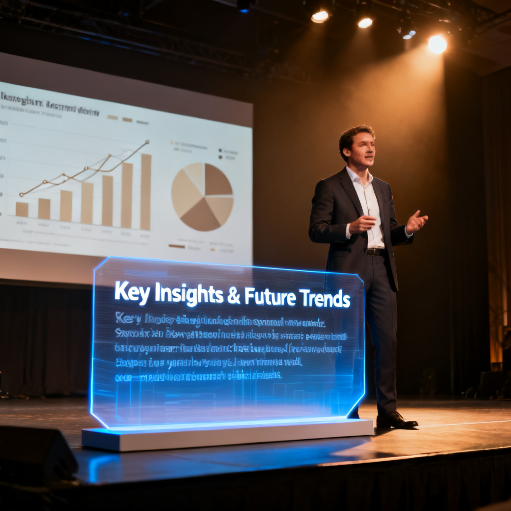 A professional presenter standing on a stage, a holographic display showing the text of a speech scrolling in front of them, the slide behind them shows data charts, photorealistic, cinematic lighting, 8K
