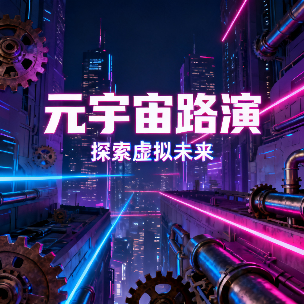赛博朋克风格的元宇宙路演PPT封面，霓虹灯效果，未来城市背景，机械元素点缀，暗色调为主