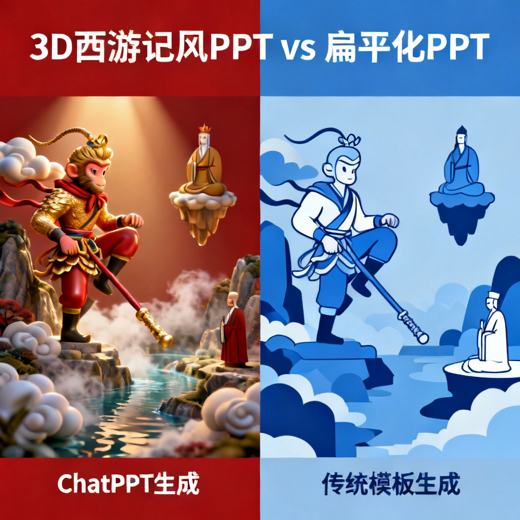 一张对比图，左侧是ChatPPT生成的3D西游记风PPT页面，右侧是传统模板生成的扁平化PPT页面，强调ChatPPT的立体感和艺术性。