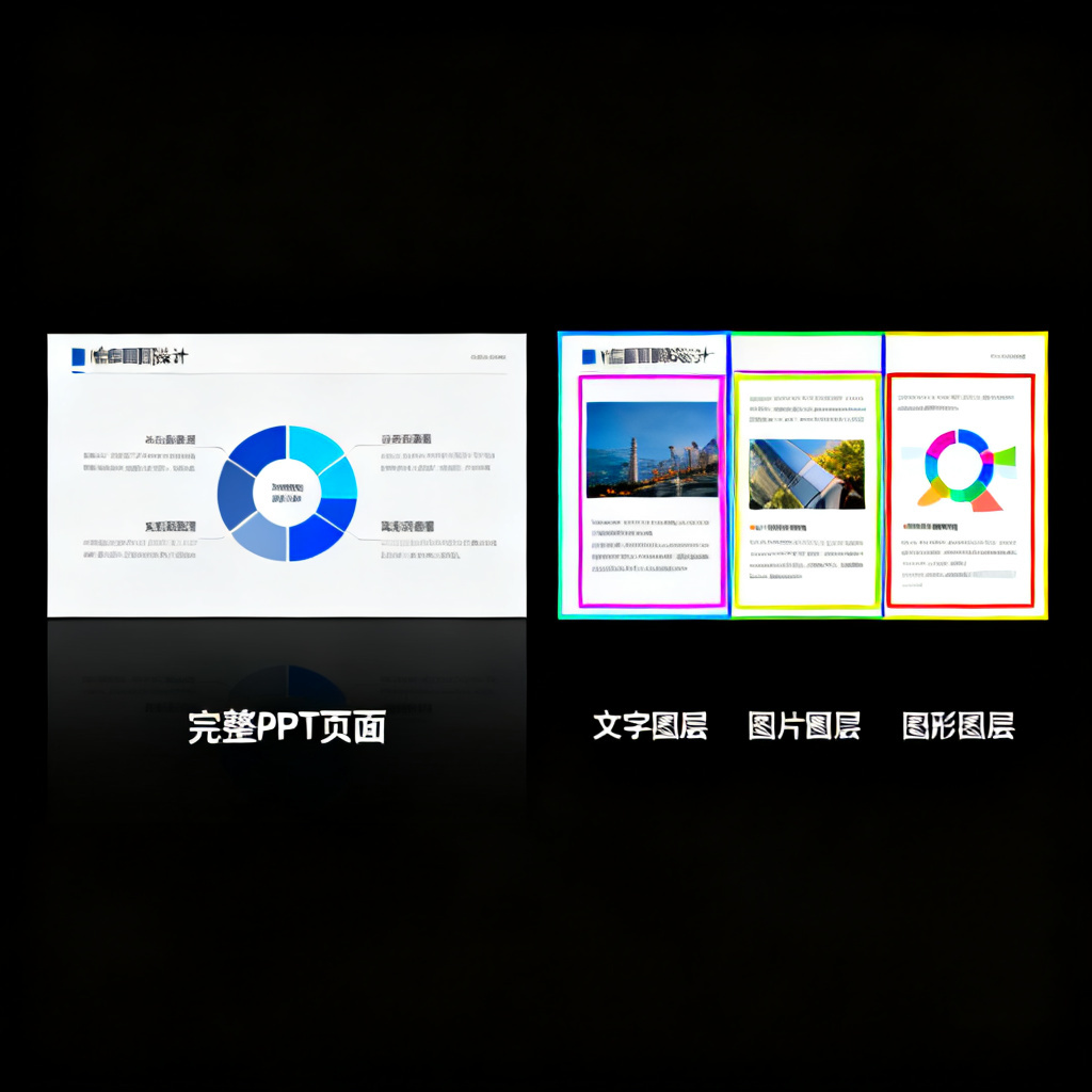 演示图层分离的示意图,左侧为完整PPT页面,右侧显示文字、图片、图形被高亮分离为独立图层