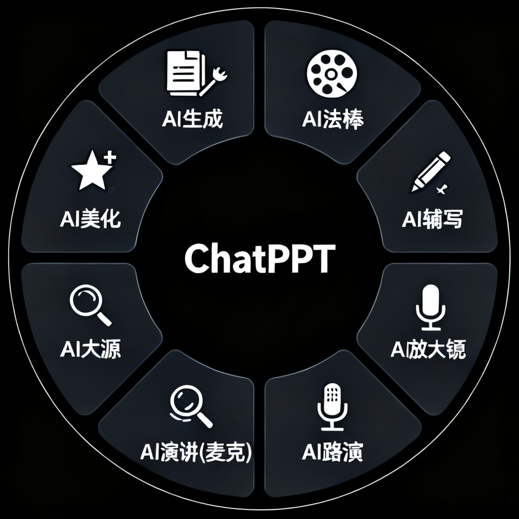 一个圆形或网格布局的图表,中心是“ChatPPT”,周围环绕8个模块图标:AI生成(文档+魔法棒)、AI美化(调色板)、AI辅写(笔+星)、AI溯源(放大镜)、AI演讲(麦克风)、AI路演(投影仪)等。每个图标带简短文字。