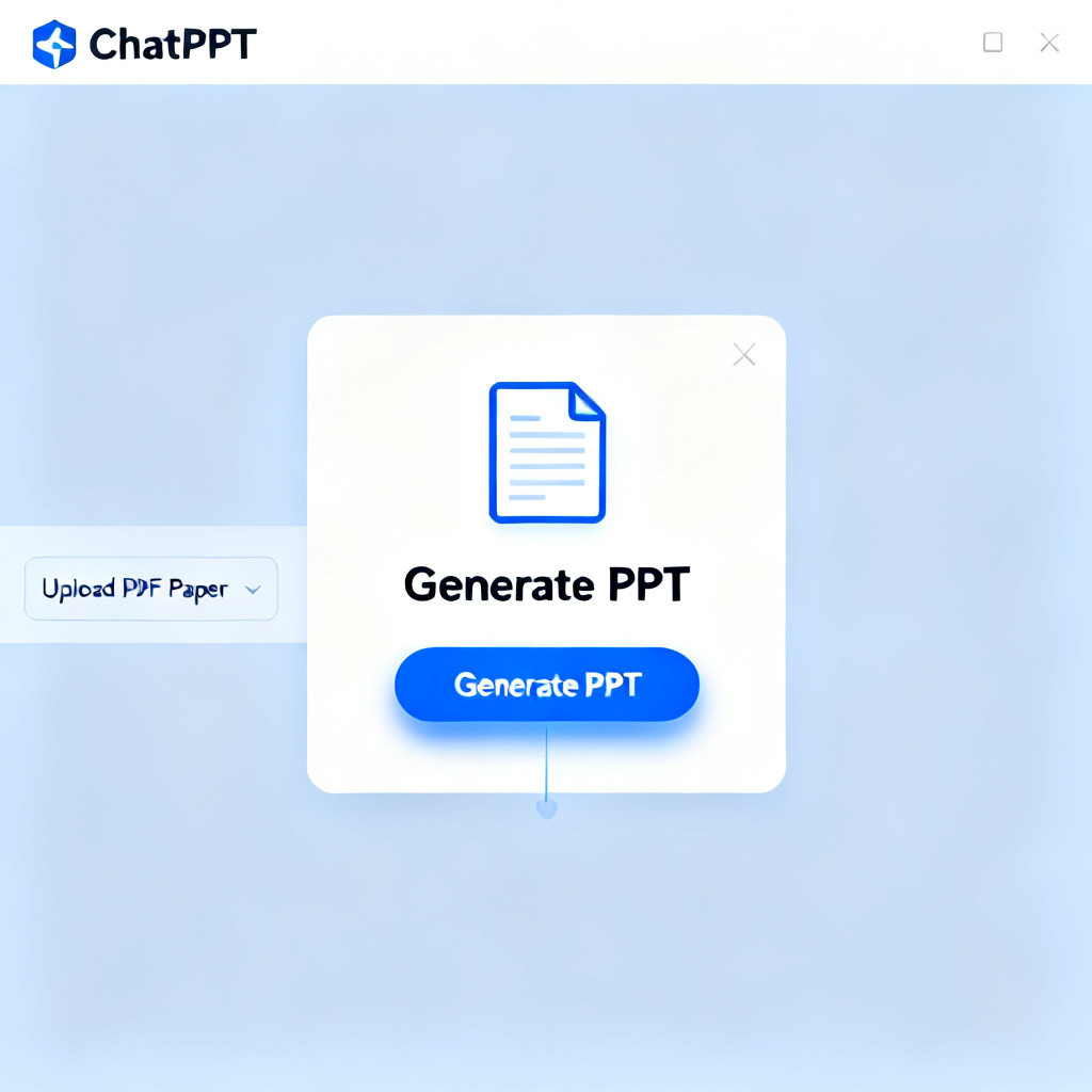 The ChatPPT product interface showing a user uploading a PDF paper and clicking 'Generate PPT', with a clean, modern design.