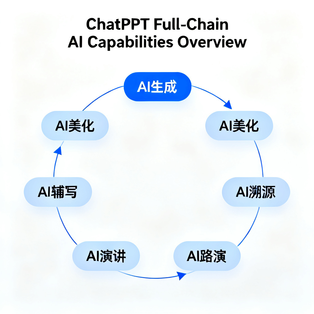 An overview infographic of ChatPPT's full-chain AI capabilities, showing modules like AI生成, AI美化, AI辅写, AI溯源, AI演讲, AI路演 connected in a circular flow, clean design, professional style, high resolution