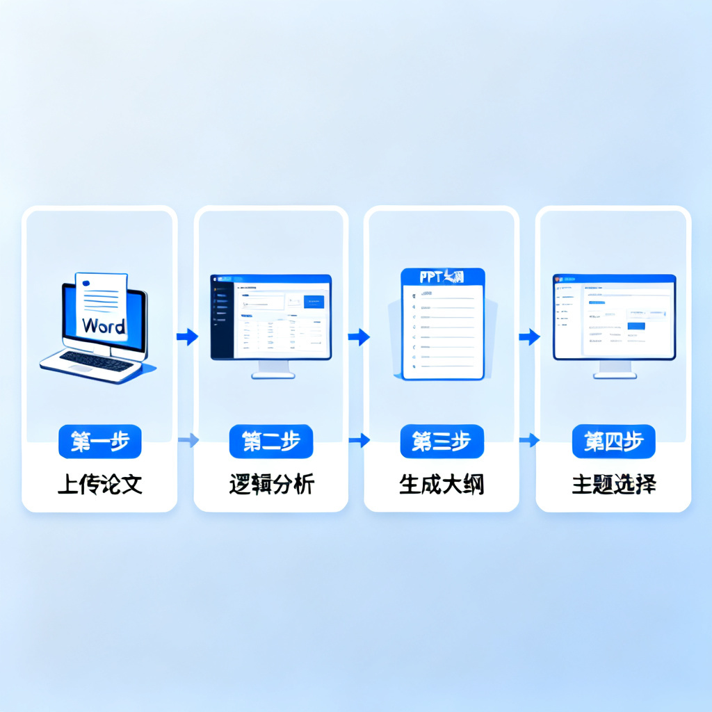 一张流程图,展示从Word文档输入到ChatPPT自动生成论文PPT大纲的过程,步骤包括‘上传论文’、‘逻辑分析’、‘生成大纲’、‘主题选择’,风格简洁专业