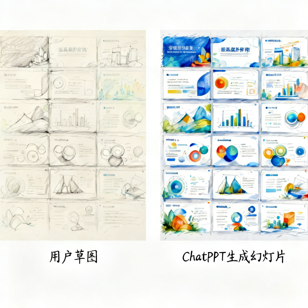 从一张手绘灵感图复刻设计风格的过程，左侧是用户上传的草图，右侧是ChatPPT生成的完整幻灯片，风格一致但细节更丰富