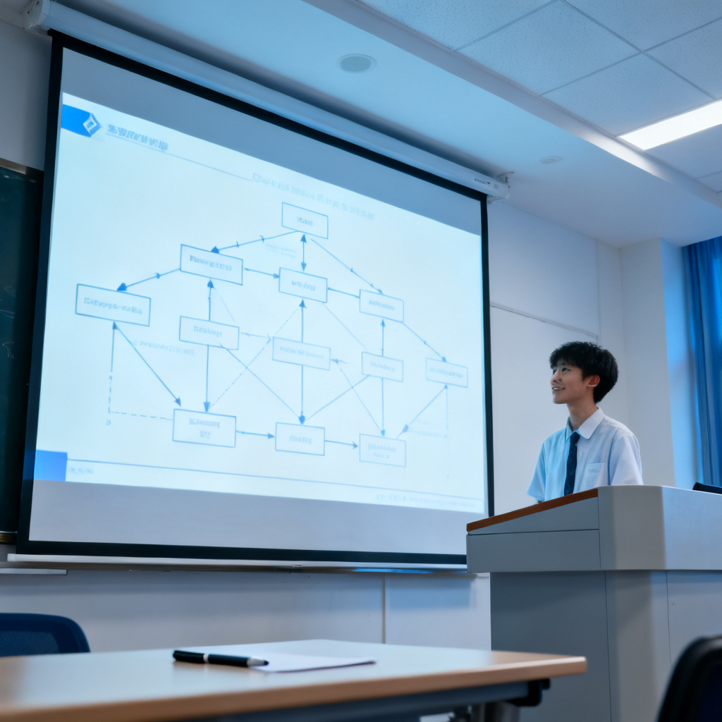 一位学生面对大型投影幕布进行宣讲演练，幕布上是结构清晰的学术图表，学生神情自信，演讲台有翻页笔，采用广角镜头，诠释从容与专业