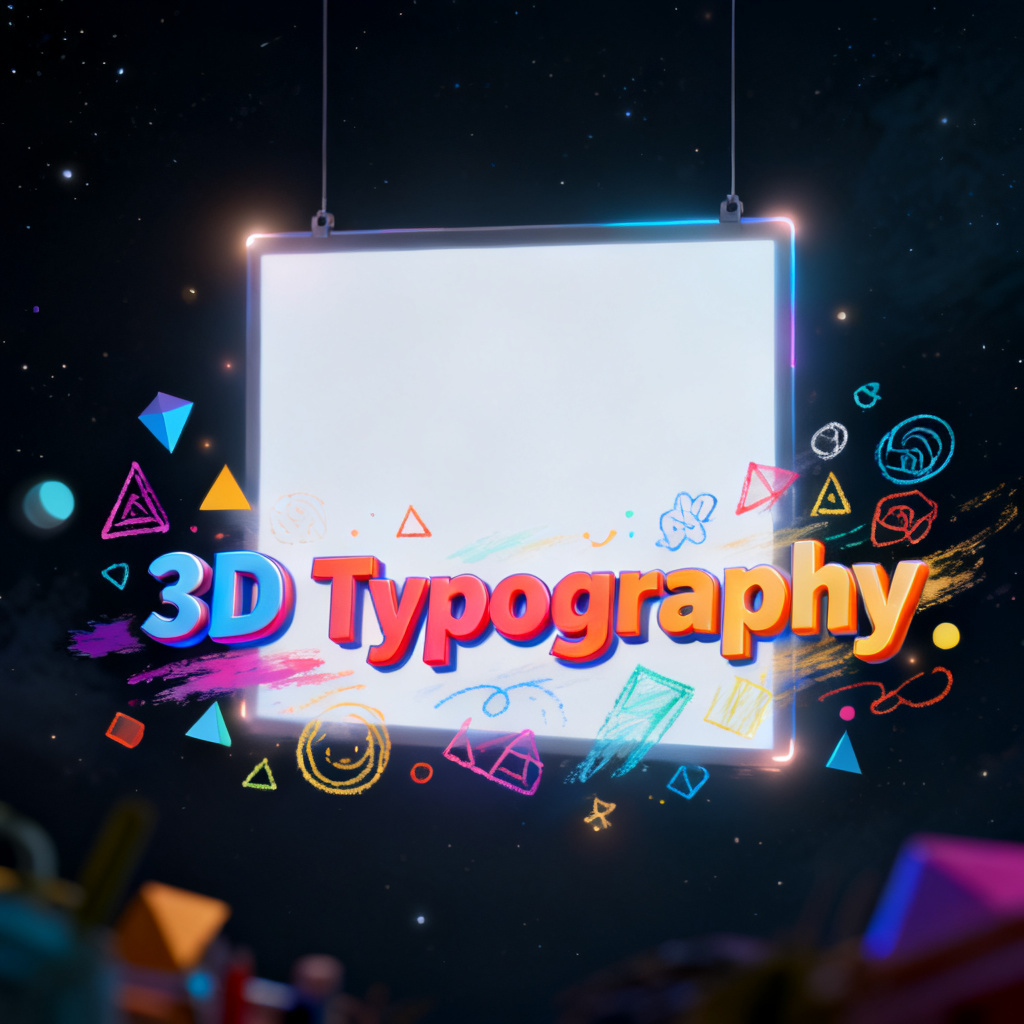 A blank digital canvas suspended in space, where stroke by stroke, vibrant creative elements — geometric shapes, hand-drawn illustrations, and 3D typography — gradually emerge as if painted by an invisible hand