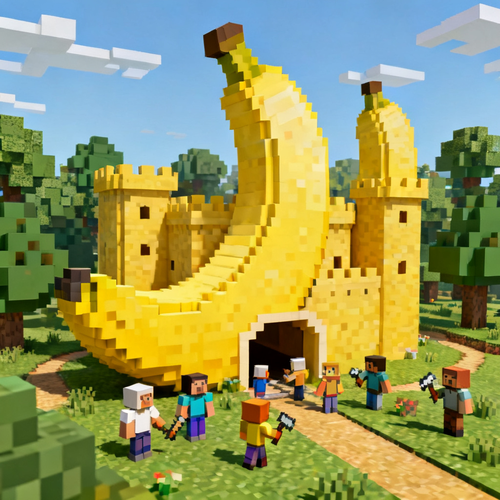 A pixel-art style Minecraft world with a giant banana castle and villagers.