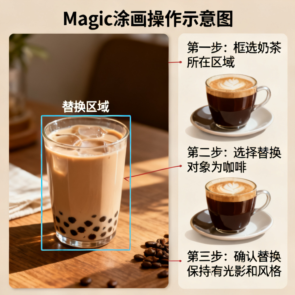 Magic涂画操作示意图，框选区域后将一杯奶茶替换为咖啡，保持原有光影和风格