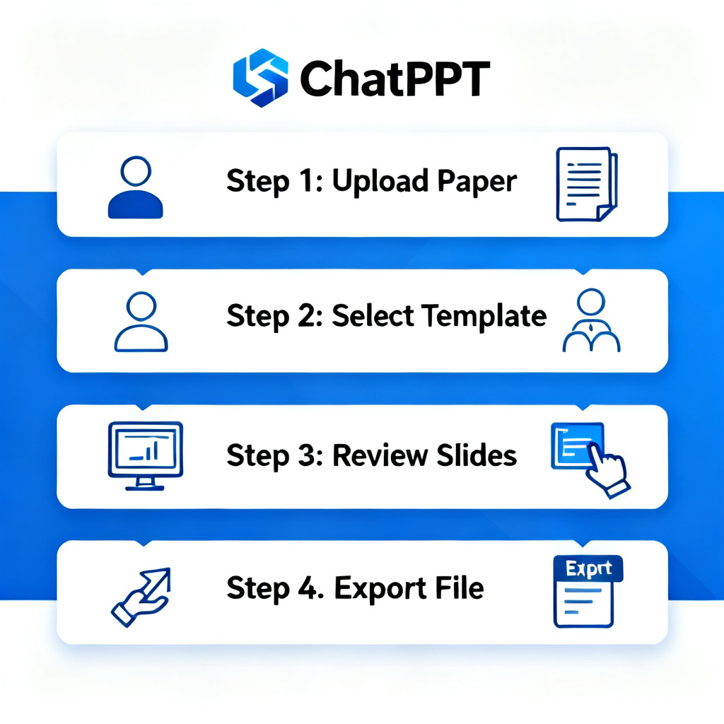 A step-by-step infographic showing a user uploading a paper to ChatPPT, selecting a template, reviewing the generated slides, and then exporting the final file. The ChatPPT logo is prominently displayed.
