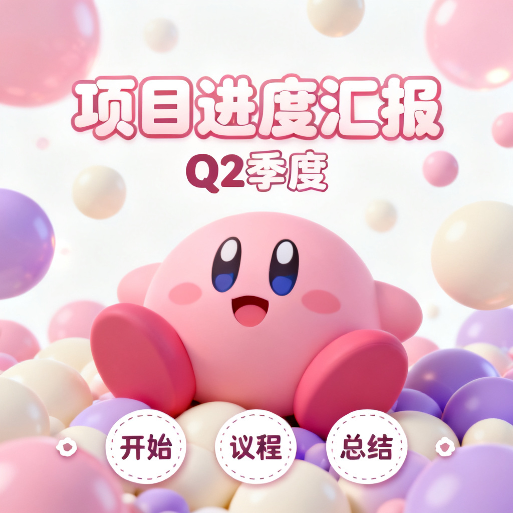 星之卡比风格，粉色可爱主题的会议幻灯片，带有圆形元素和柔光