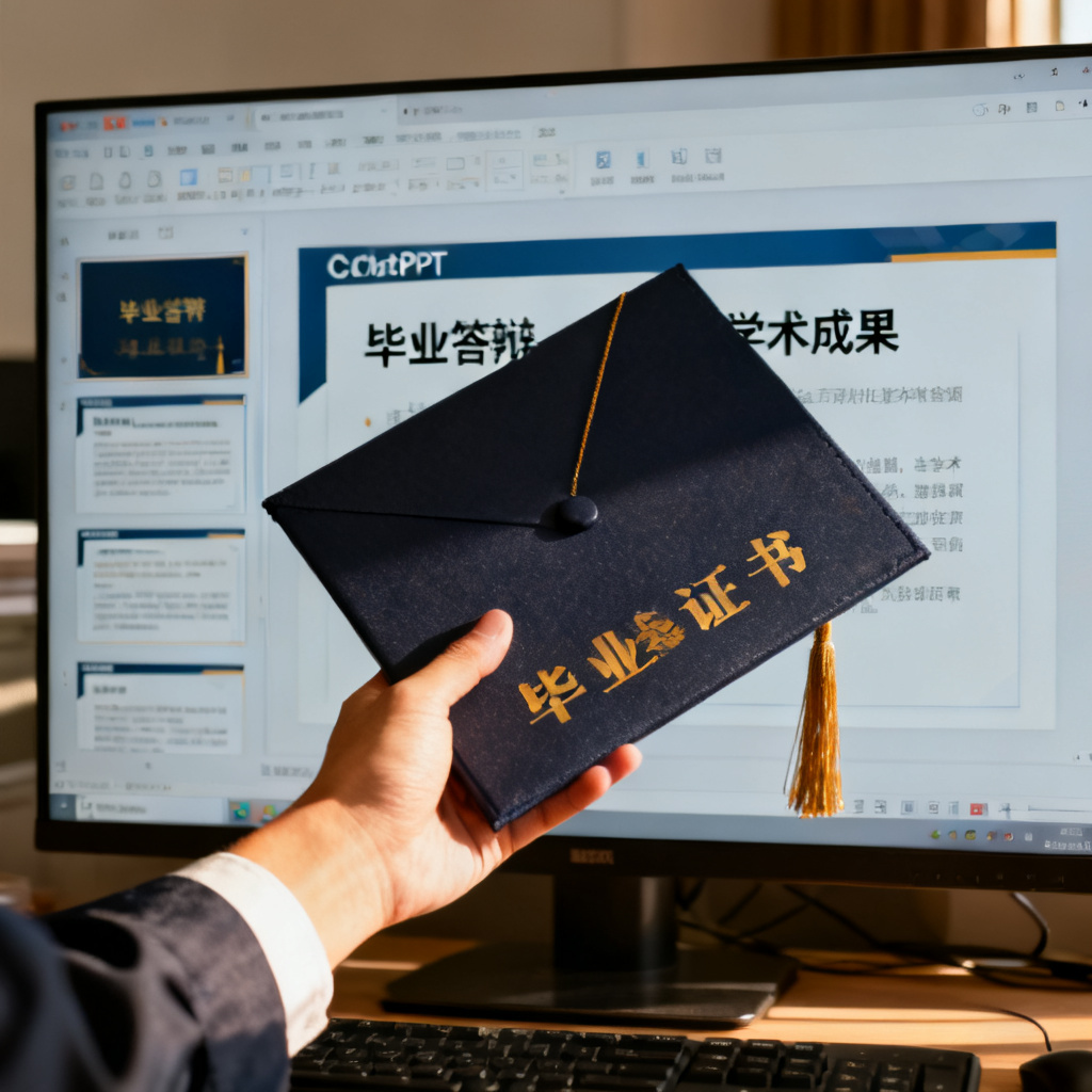 一个成功拿到学位证书的手，背景是电脑屏幕上的ChatPPT界面，象征学术成功，温暖色调，写实风格