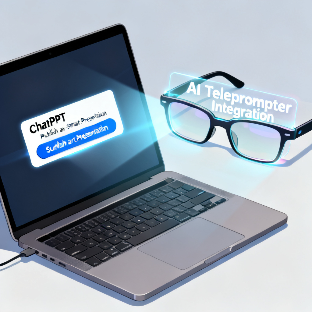 An illustration showing a laptop screen with ChatPPT's 'Publish as Smart Presentation' button highlighted, next to a pair of smart glasses with a translucent text overlay, representing the AI teleprompter integration.