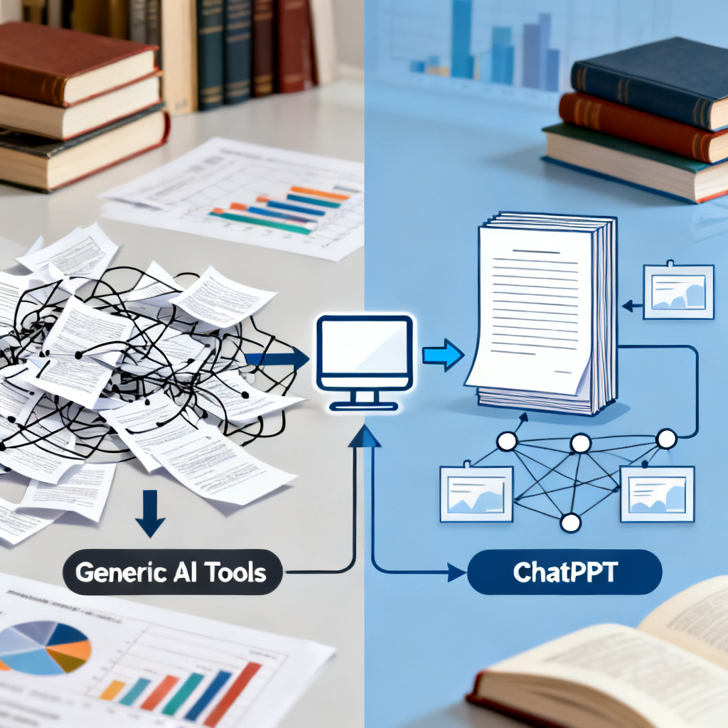 A comparison diagram showing two paths: one with a chaotic, messy PPT creation process with scattered paper pages and disconnected arrows (labeled 'Generic AI Tools'), and another with a streamlined, logical flow where a central computer icon processes a thick document into clean, organized slides with connected nodes (labeled 'ChatPPT'), set against an academic background with books and data charts.