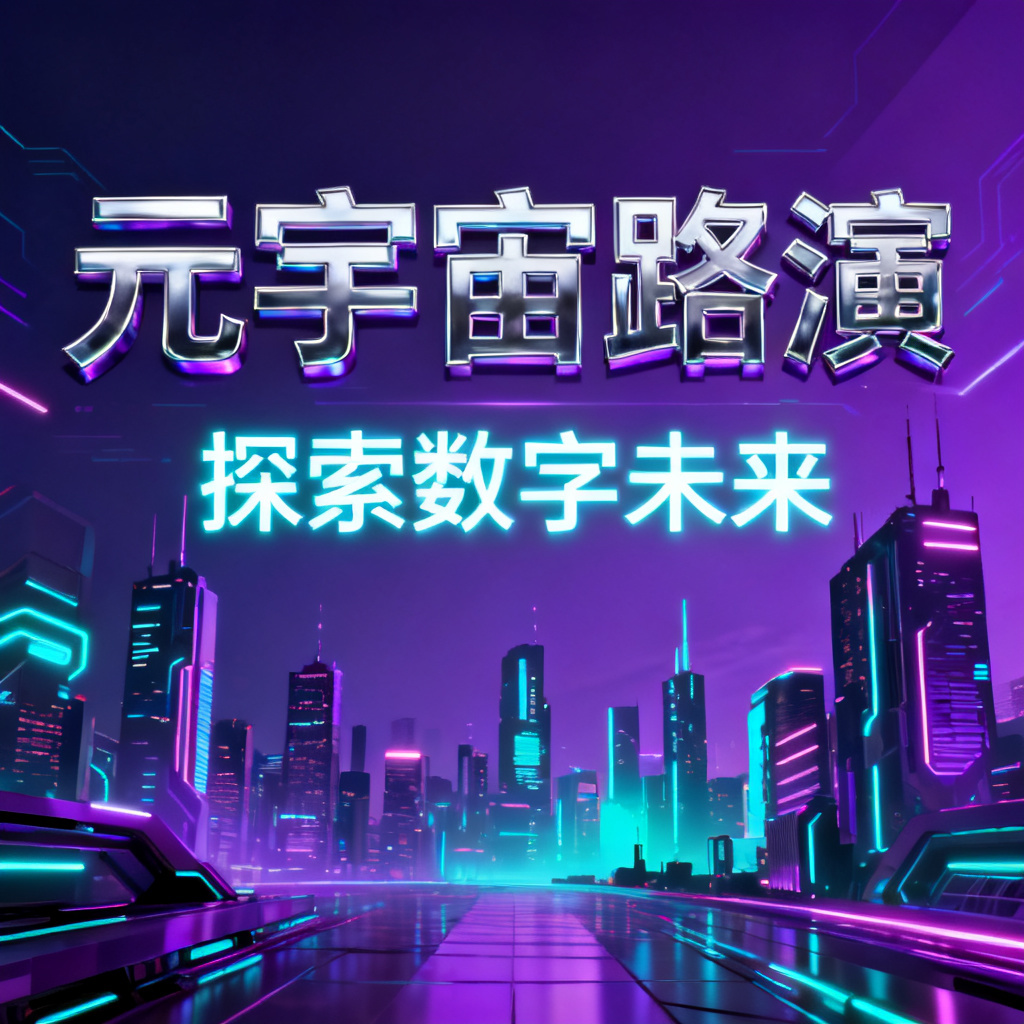赛博朋克风格的元宇宙路演PPT封面,背景是霓虹闪烁的未来城市天际线,主标题使用金属质感字体,副标题使用发光字体,整体色调以紫色和青色为主,光影对比强烈。