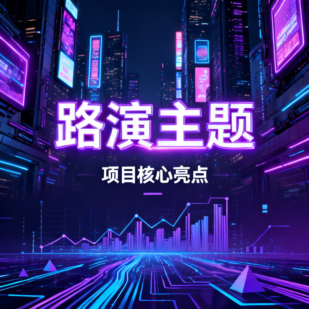 赛博朋克风格的路演PPT封面，背景是霓虹灯闪烁的未来城市，主要标题使用发光字体，副标题下方有科技感的数据图表，整体色调为紫蓝色，细节丰富，充满科技感与未来感