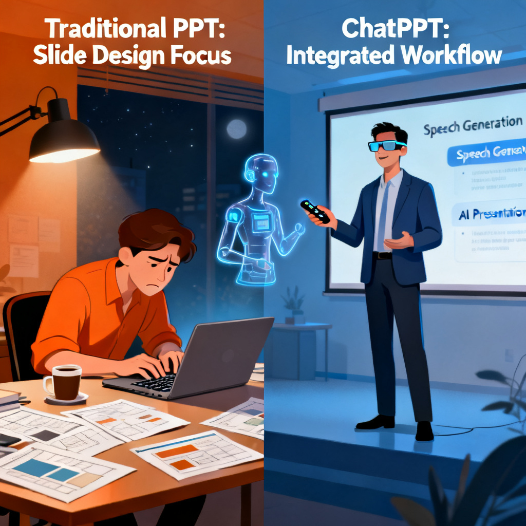 A split-screen illustration comparing traditional PPT tools focusing on slide design on the left, versus ChatPPT’s integrated workflow including speech generation and AI presentation on the right. The left side shows a stressed person editing slides at night; the right side shows a confident speaker with a digital avatar and smart glasses.