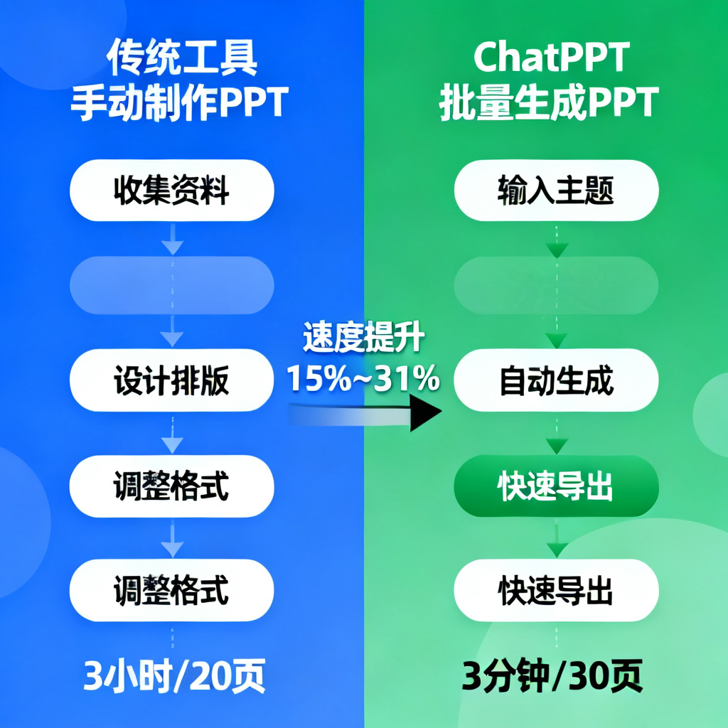 展示ChatPPT批量生成PPT的效率对比：左侧是传统工具手动制作PPT的流程图，标注“3小时/20页”，右侧是ChatPPT的流程图，标注“3分钟/30页”，中间用箭头和“速度提升15%~31%”文字标注，突出效率差异。