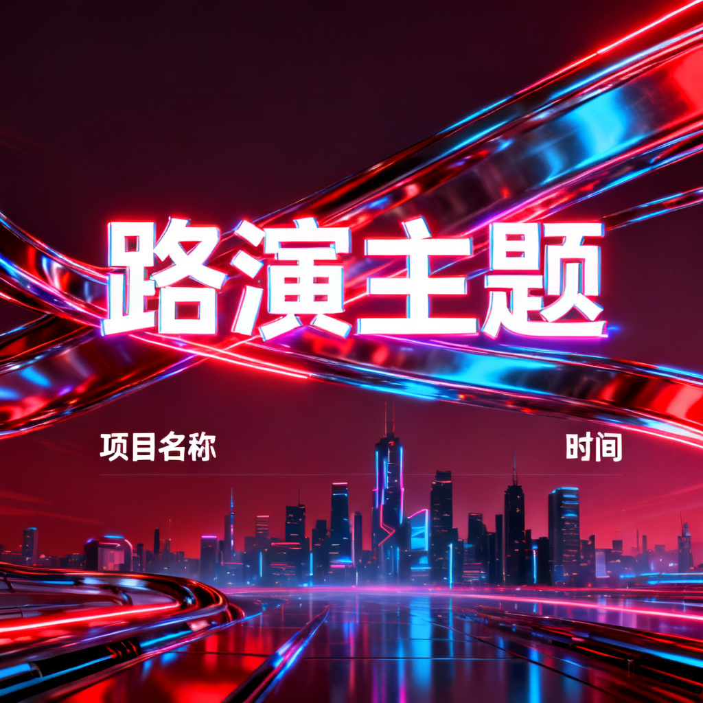 赛博朋克风格的路演PPT封面，霓虹灯光，金属质感，动态线条，城市天际线背景