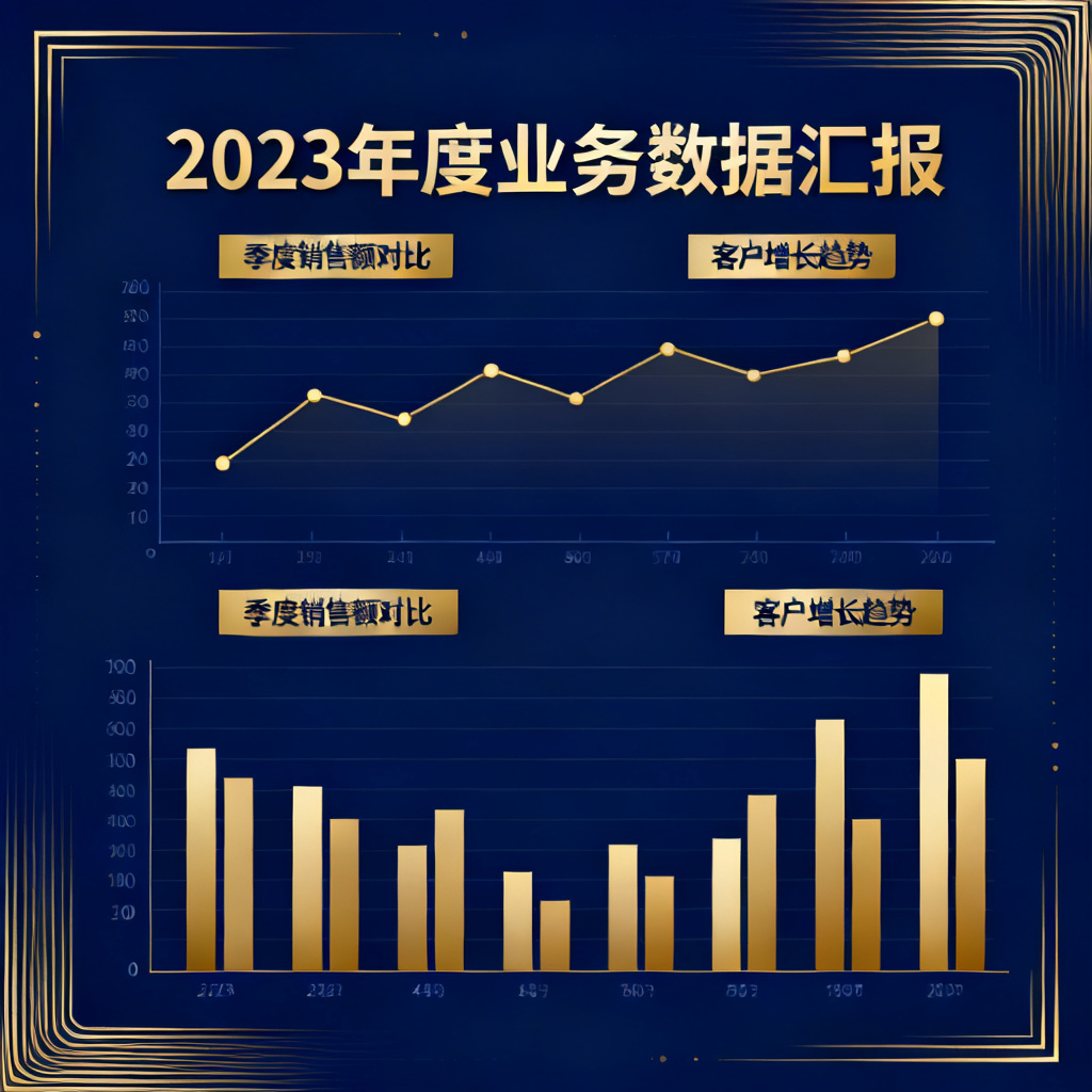 商务数据汇报PPT，深蓝色背景，金色线条，折线图与柱状图，简洁大气，品牌色系