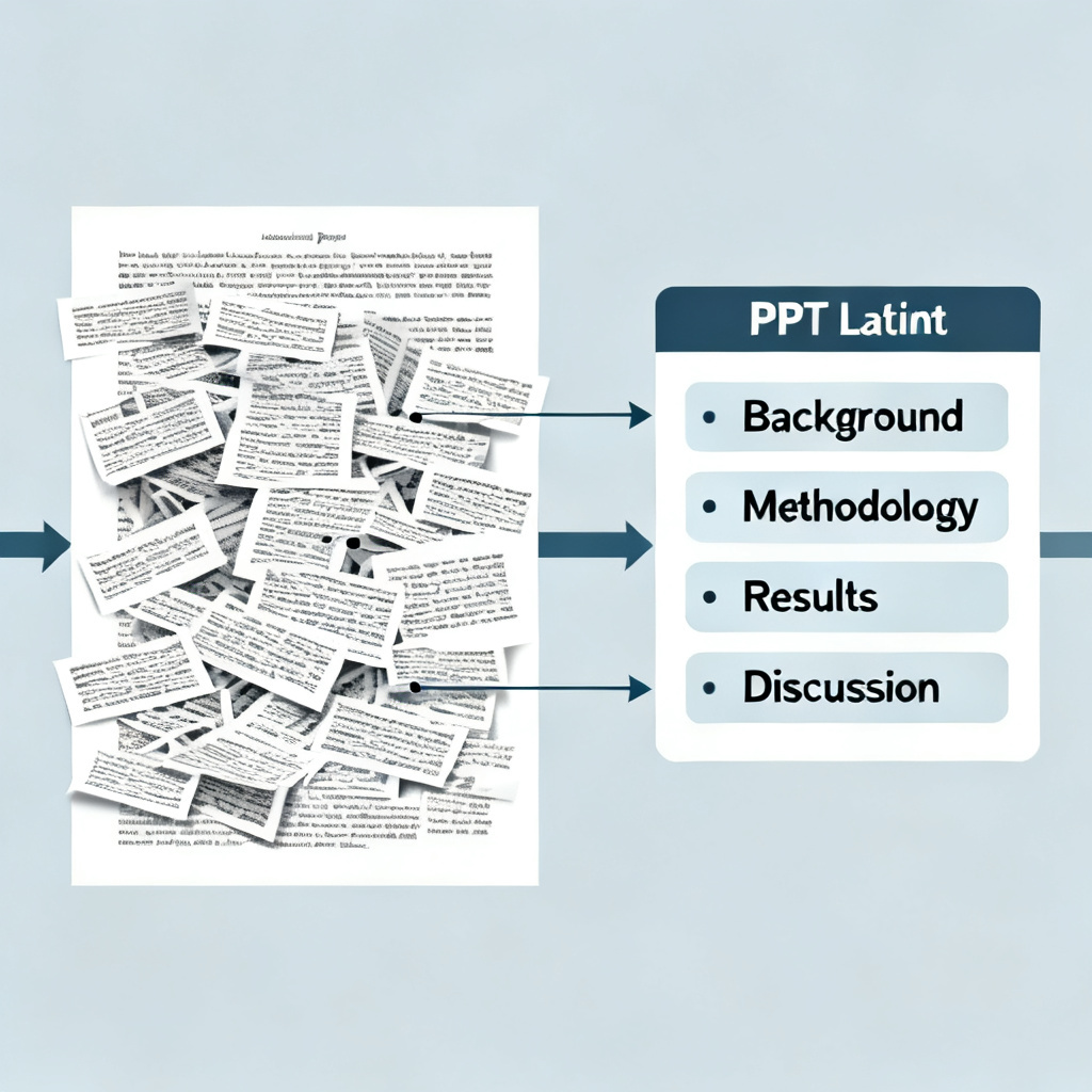 A diagram showing a long academic paper being input on the left, and a structured PPT outline with logical hierarchy (Background, Methodology, Results, Discussion) emerging on the right. The transformation is depicted as a clean, organized flow, with the original paper's chaotic text being filtered and reorganized into clear bullet points.