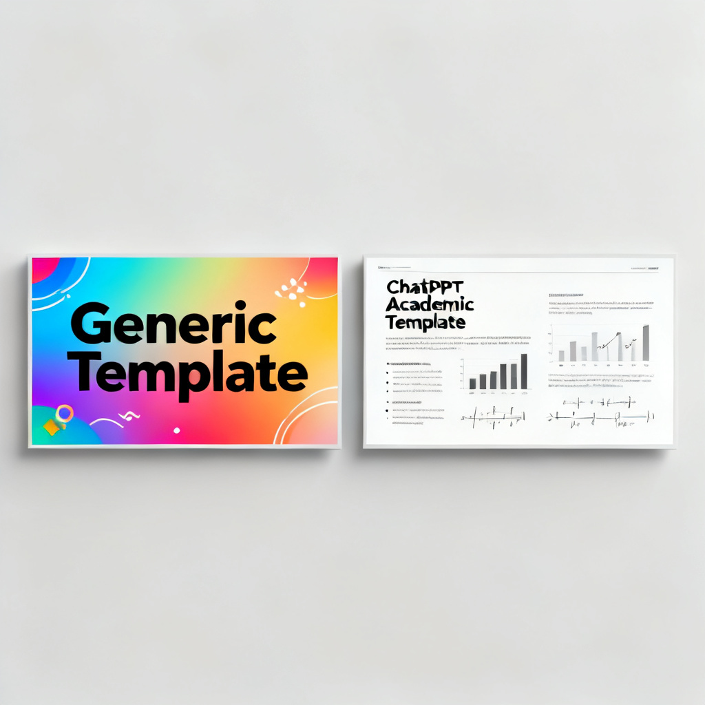 Side-by-side comparison of two PPT slides: left slide shows a colorful, business-style slide with large text and gradients, right slide shows a clean, academic-style slide with structured text, data charts, and formulas, labeled 'ChatPPT Academic Template' vs 'Generic Template'