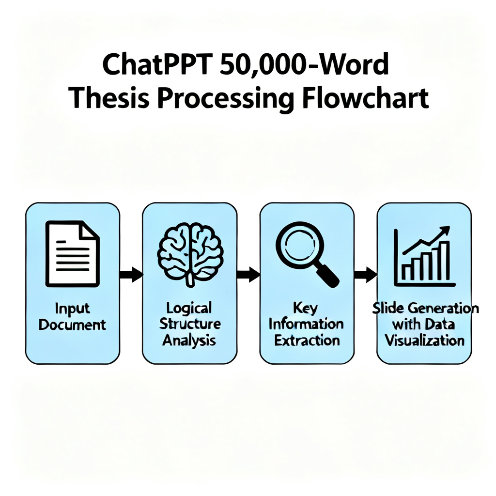 A flowchart showing the process of ChatPPT processing a 50,000-word thesis: input document, logical structure analysis, key information extraction, slide generation with data visualization. The flowchart uses clean lines and academic-style icons, with arrows indicating step-by-step progression from document to final presentation.