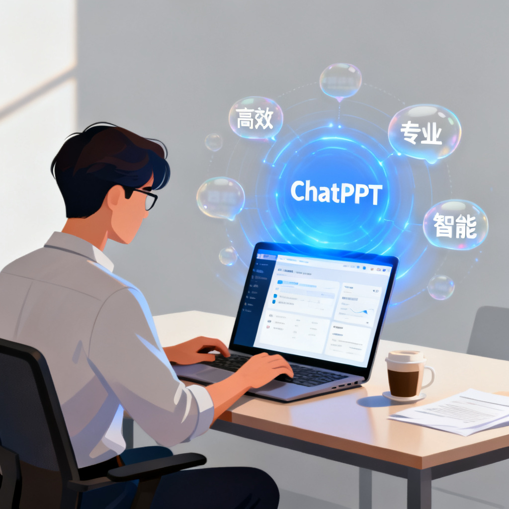职场人使用笔记本电脑，屏幕上ChatPPT界面发光，周围有‘高效’、‘专业’、‘智能’等关键词环绕